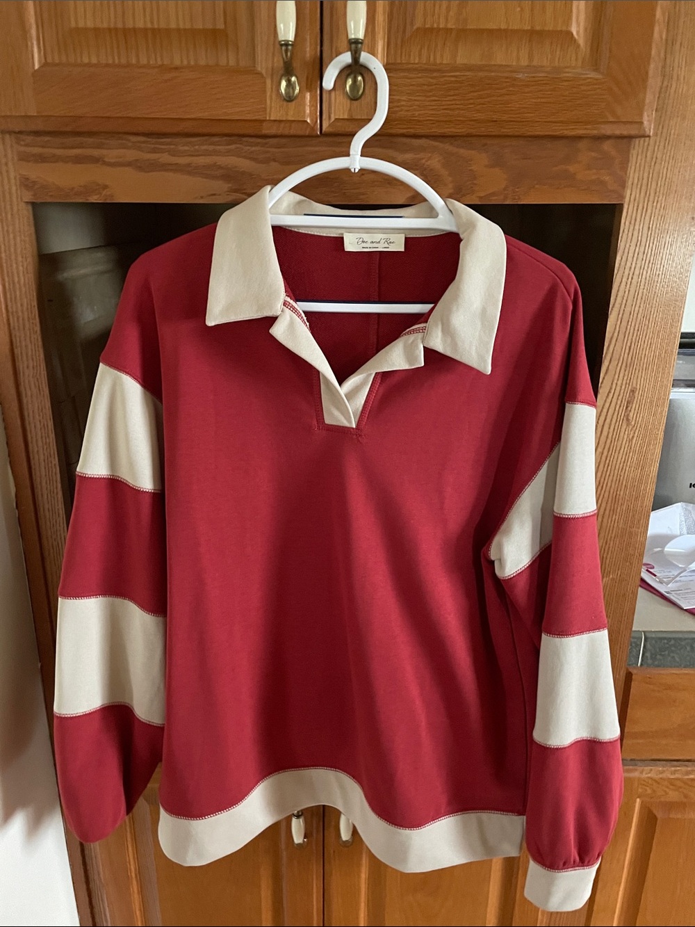 Doe & Rae Red and Cream Rugby-Style Long Sleeve Polo